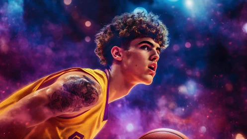 Young basketball player isolates against neon cosmic arena.