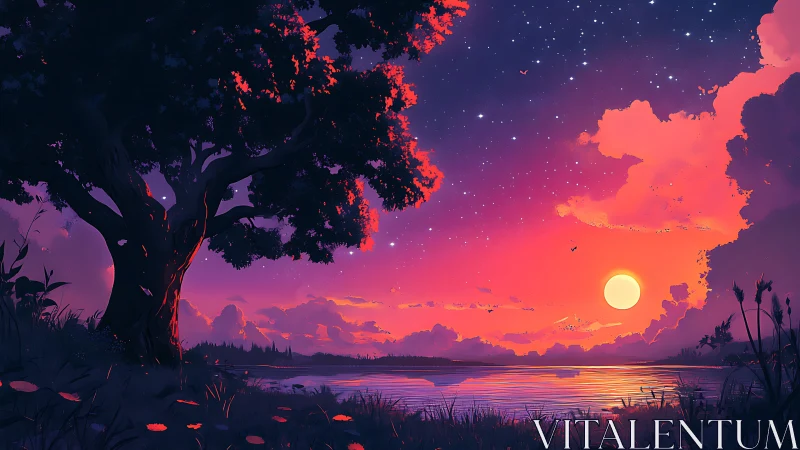 Radiant sunset sky glows over tranquil lakeside tree scene.