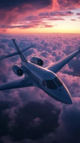 Low-light business jet over stratocumulus at civil twilight.