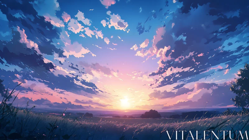 Digital landscape shows sun over horizon beneath stratified sky