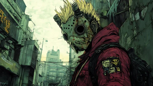 Masked figure in red jacket within dense urban ruins.