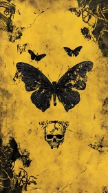 Dark butterfly silhouettes and skull on grunge yellow field.