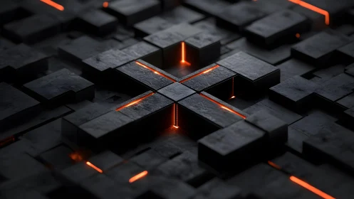 Futuristic black geometric blocks with glowing orange lines, digital art.