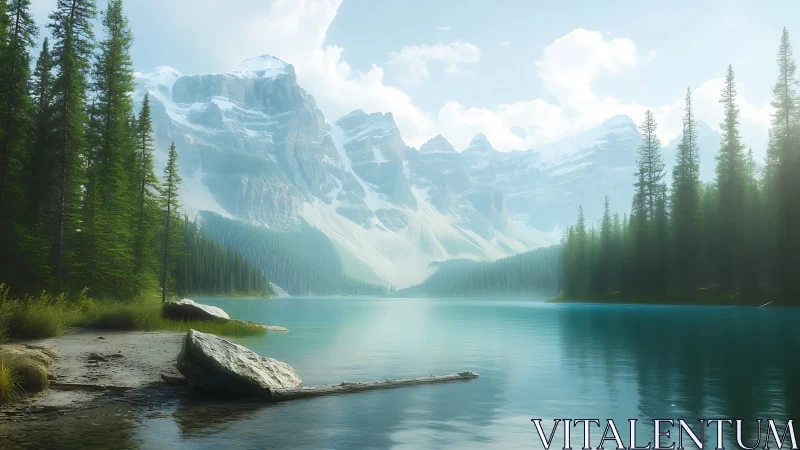 Alpine lake reflects towering pines and snow peaks.