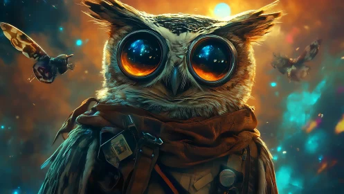 Steampunk Owl Portrait in Vibrant Fantasy Setting, Digital Art.
