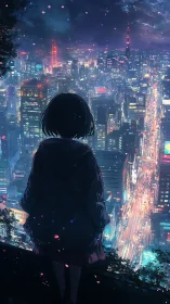 Girl overlooks neon city skyline under moody night sky.