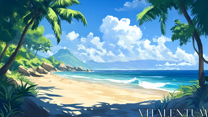 Tropical Paradise Beach with Volcanic Mountain Vista