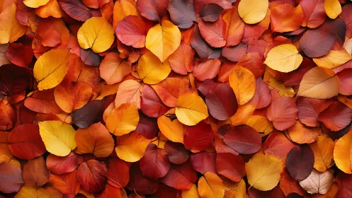 Overhead view of overlapping multicolored autumn leaves.
