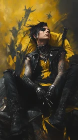 Gothic punk warrior rests against abstract yellow backdrop