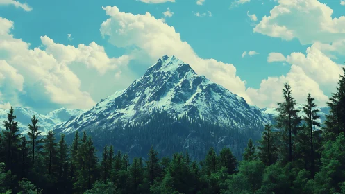 Snow crowned mountain rises gently above a quiet green forest
