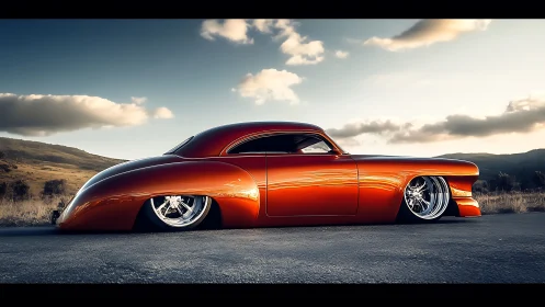 Sleek sunset-lowrider cruising through quiet open roads.