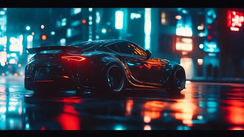 Sleek sports car glows against neon city streets in rain