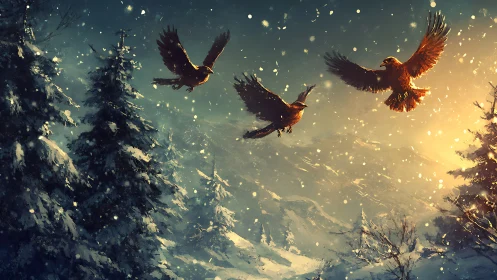 Three Birds Flying Over Snowy Pines at Sunset, Digital Art.