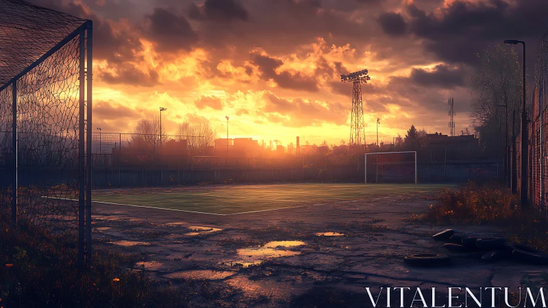 Abandoned urban football field under intense sunset sky.