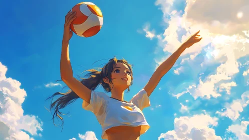 Girl holding volleyball under bright daytime sky clouds.