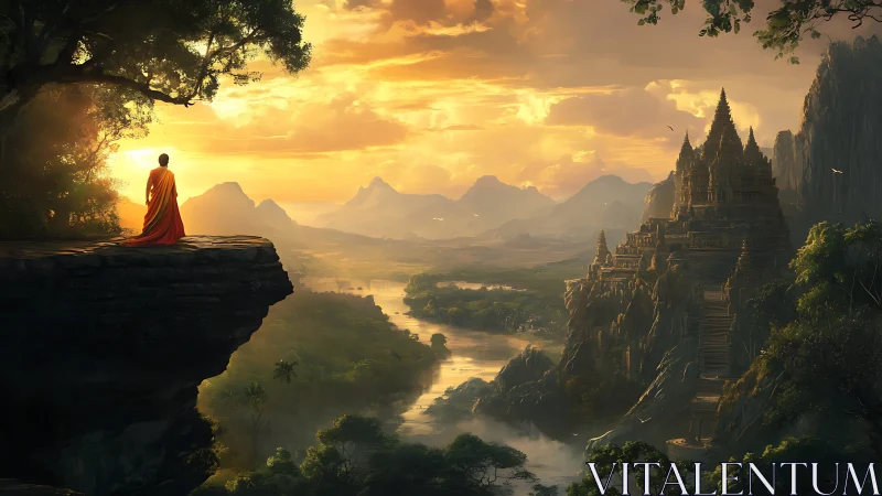 Monk gazes over sunlit valley toward ancient cliff temple