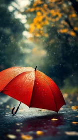 Red umbrella glows softly against a rainy autumn street
