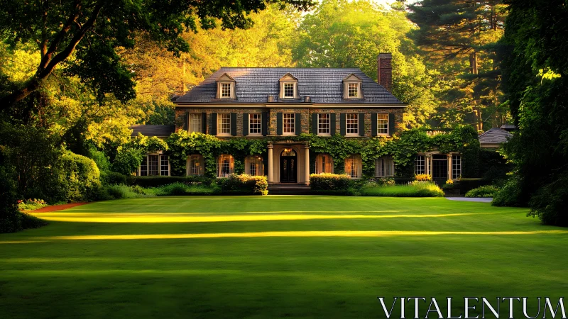Sunlit Georgian manor framed by symmetrical landscaped lawns