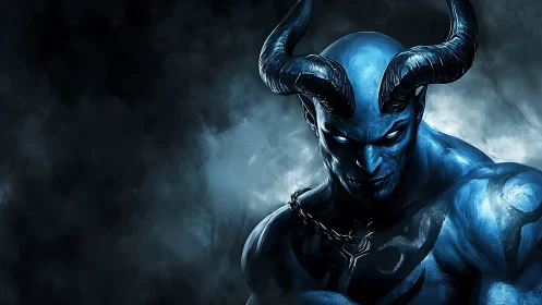 Midnight horned titan smirks from a storm of cobalt smoke.