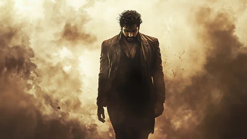 Solitary figure advances through dense cinematic dust clouds