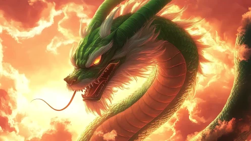 Serpentine green dragon coiled in glowing sunset sky.