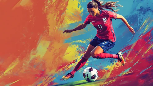 Dynamic soccer moment bursting with color and confidence.