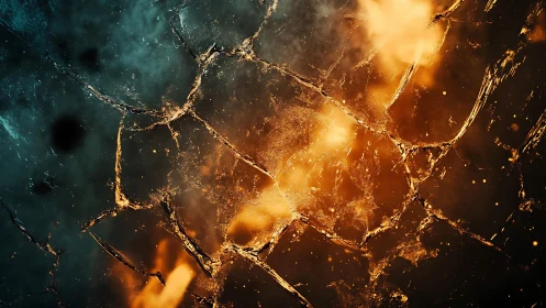 Cracked glass texture with fiery orange and icy blue contrast.