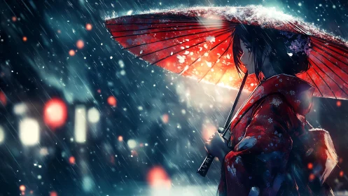 Digital anime portrait under crimson umbrella in rainstorm.
