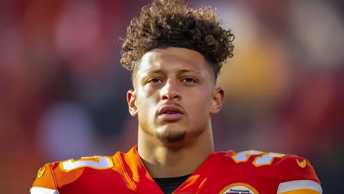 Focused American football player stares ahead under stadium light