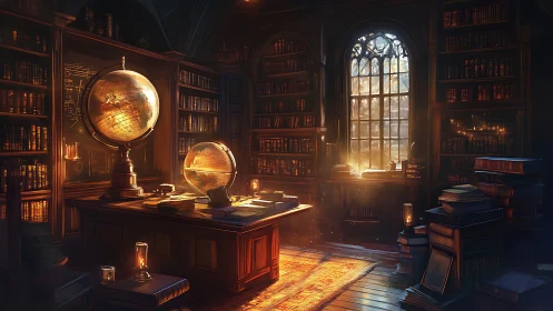 Sunlit wizard’s study of wandering globes and secret shelves.