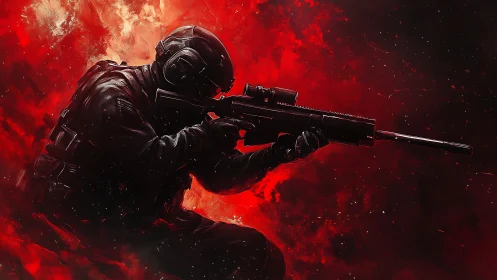 Tactical sniper silhouette merges with dynamic red nebula field