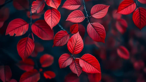 Red elliptical leaves hang against a dark defocused background