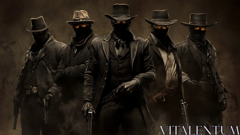 Group of armed masked cowboys stands in symmetrical formation