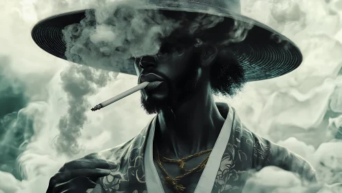 Smoky samurai portrait with wide hat and stylized lighting.