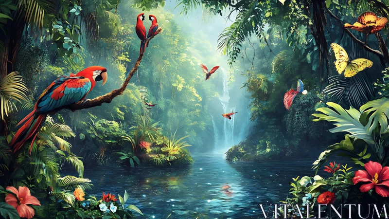 Chromatic macaws over bioluminous rainforest cascade panorama.