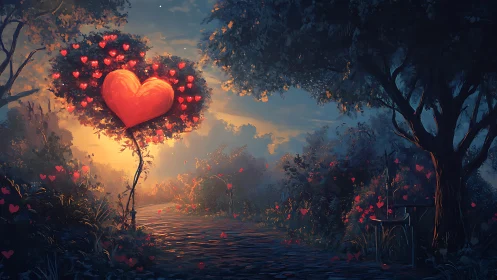 Luminous Heart Tree Nestled in Twilight Forest Landscape