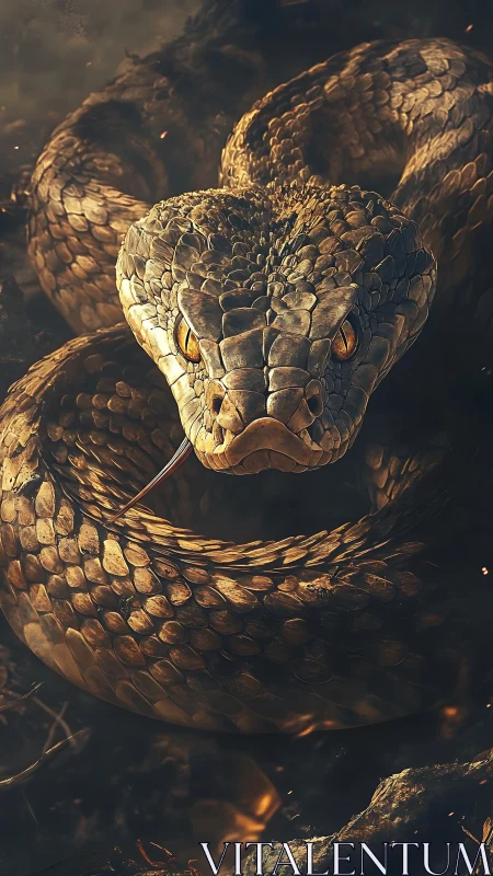 Coiled venomous snake glows under dramatic golden light.