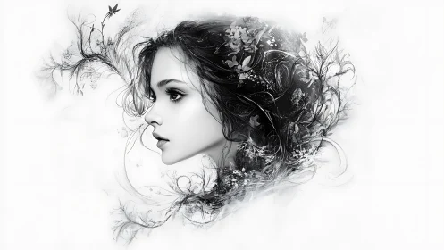 Monochrome digital portrait with botanical hair halo design.