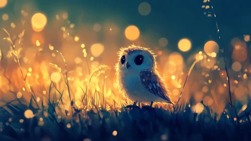 Whimsical baby owl in glowing grass, dreamy digital art style.
