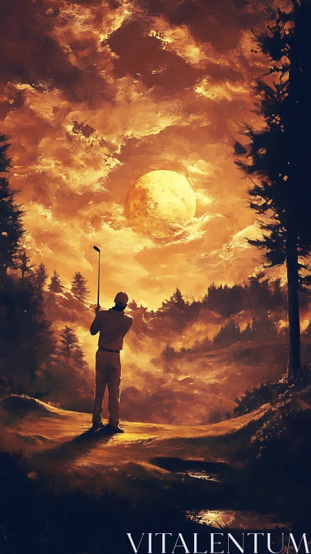 Golfer chasing twilight beneath a molten golden sky.