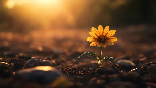 Single yellow flower in rocky soil under warm backlight.