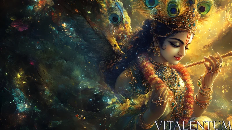 Fluted celestial figure in jeweled peacock luminescence study.