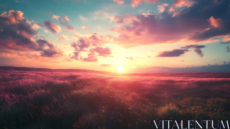 Sunset illuminates wide grassy plain under colorful clouds