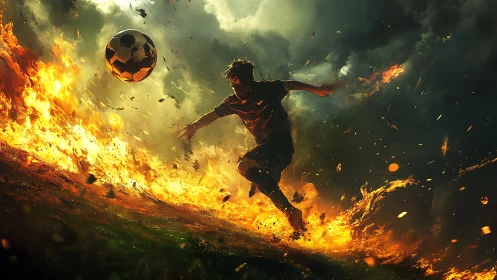 Soccer player charges through flame-scorched storm field.