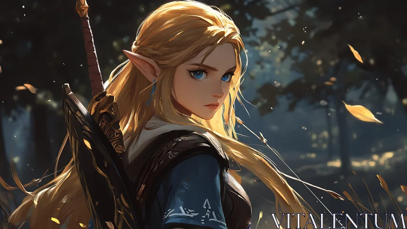 Elf warrior with sword in autumn forest environment.