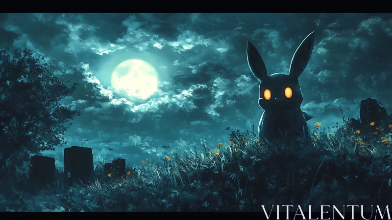 Glowing-eyed creature watches moonlit graveyard slope.