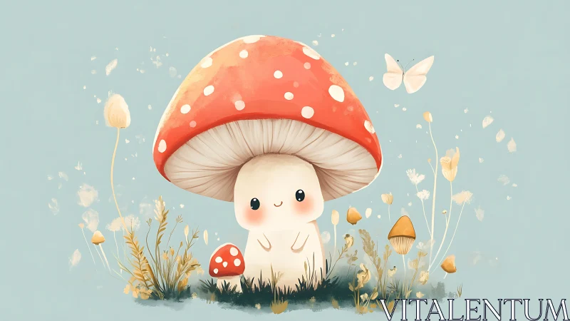 Soft pastel-rendered kawaii mushroom character with flora details