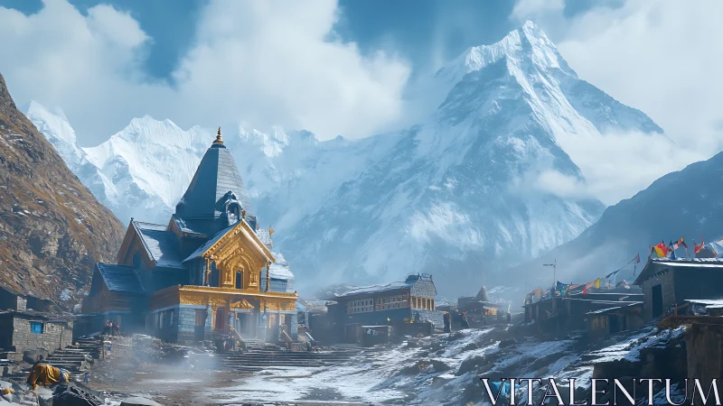 Golden mountain temple nestles quietly beneath snowy peaks