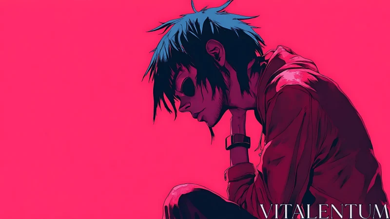 Melancholic anime figure rests against neon pink void.