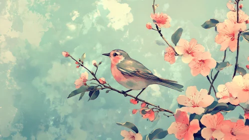 Bird Perched Among Blooming Flowers Against Soft Sky.